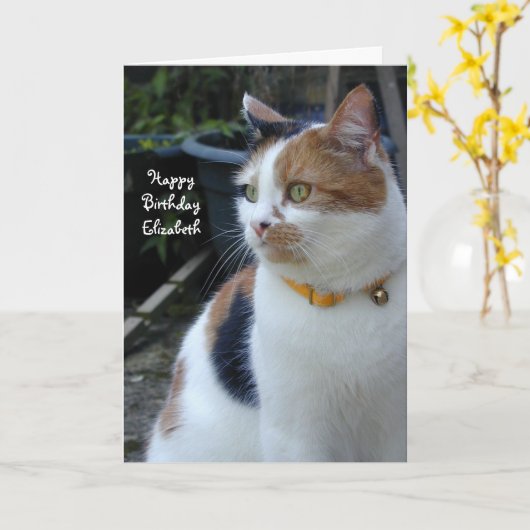 Aangepaste Calico schattige kat Birthday Kaart (Gele Bloem)