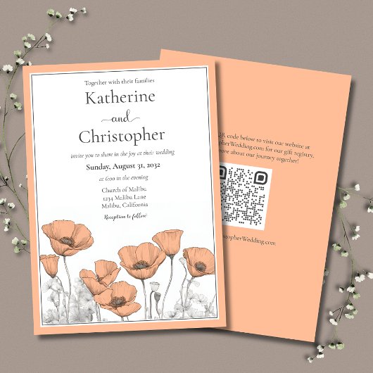 Aangepaste California Poppy Peach Bloemenbruiloft Kaart
