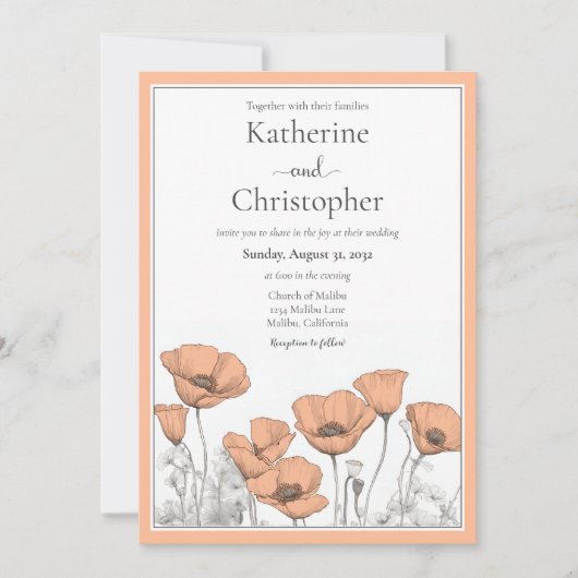Aangepaste California Poppy Peach Bloemenbruiloft Kaart (Voorkant)