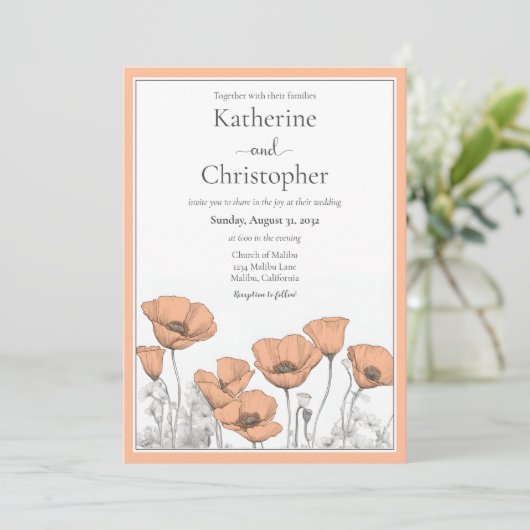 Aangepaste California Poppy Peach Bloemenbruiloft Kaart (Staand voorkant)