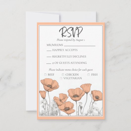 Aangepaste California Poppy Peach Bloemenbruiloft RSVP Kaartje (Voorkant)