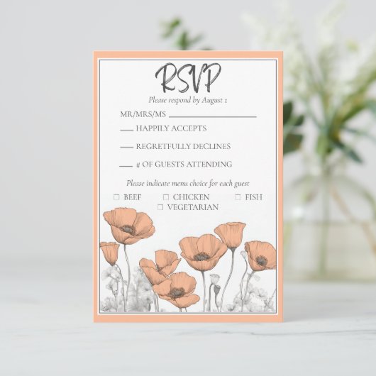 Aangepaste California Poppy Peach Bloemenbruiloft RSVP Kaartje (Staand voorkant)
