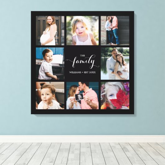 Aangepaste Calligrafie Familie 8 Foto Collage Canvas Afdruk (Insitu (Houten vloer))