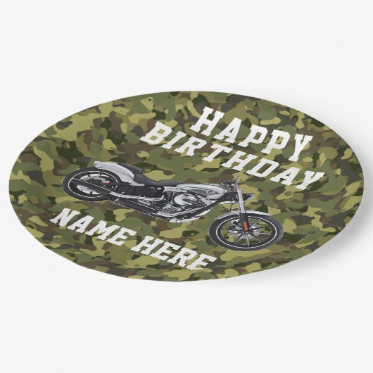 Aangepaste Camo Motorcycle Happy Birthday Name Papieren Bordje (Gekanteld)