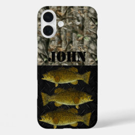 Aangepaste Camo Rustic Smallmouth Bass Name Vist iPhone 16 Plus Hoesje