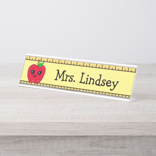 Aangepaste Cartoon Apple en Ruler van leraar Bureau Naambordje (Voorkant)