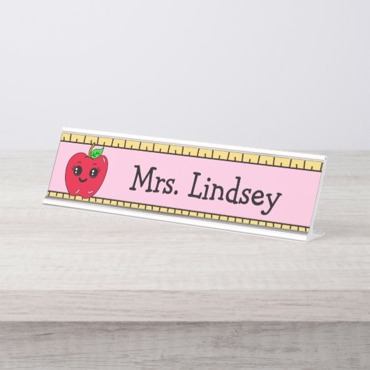 Aangepaste Cartoon Apple en Ruler van leraar Bureau Naambordje (Voorkant)