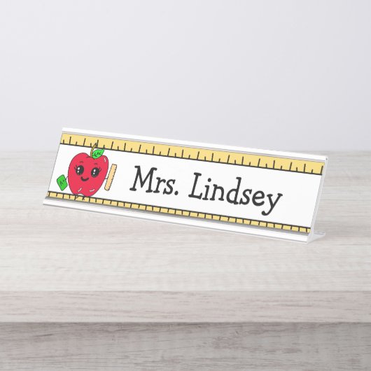 Aangepaste Cartoon Apple en Ruler van leraar Bureau Naambordje (Voorkant)