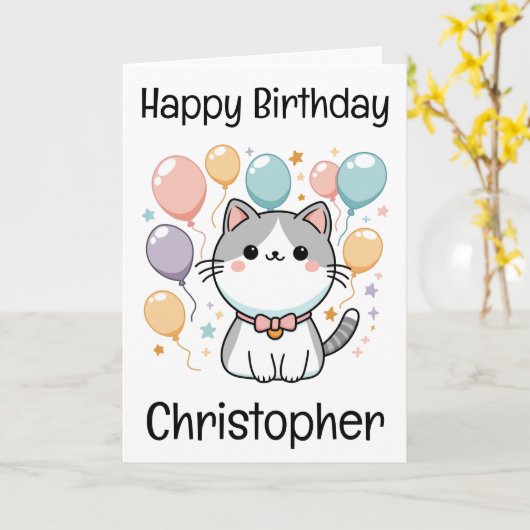 Aangepaste Cartoon kat en kleurrijke Verjaardag Kaart (Gele Bloem)