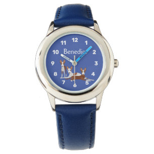 Aangepaste Cartoon Podenco Dogs Blue Horloge