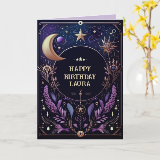 Aangepaste Celestial Verjaardag Kaart Zon en Maan (Gele Bloem)