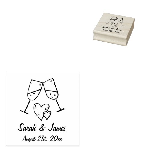 Aangepaste champagne-hartennamen en huwelijksdatum rubberstempel (Gestempeld)