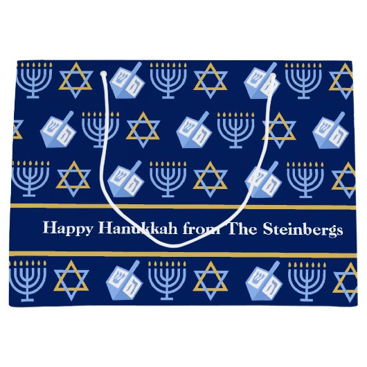 Aangepaste Chanoeka Blauwe Menorah Dreidel Patroon Groot Cadeauzakje (Voorkant)