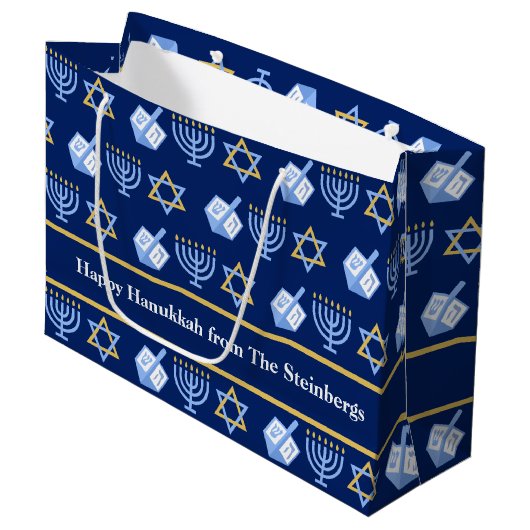 Aangepaste Chanoeka Blauwe Menorah Dreidel Patroon Groot Cadeauzakje (Voorkant Gekanteld)