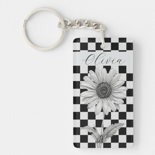 Aangepaste Checkerboard Daisy Flower Sleutelhanger (Voorkant)