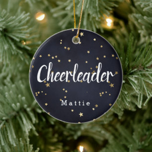 Aangepaste Cheerleader Navy Blue en Gold Stars Keramisch Ornament