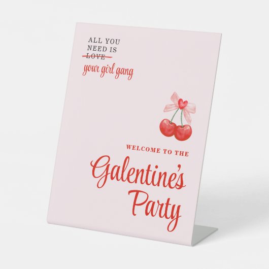 Aangepaste Cherry Galentine's Day Party Welkomstbo Reclamebord Met Voetstuk (Voorkant)