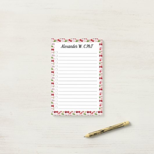 Aangepaste Cherry Pharmacy Tech Check List Plaats  Post-it® Notes (Op bureau)