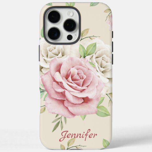 Aangepaste Chic Wit Roze Rozen Groene Bladeren Blo Case-Mate iPhone Case (Achterkant)