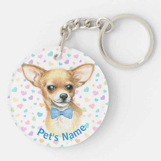 Aangepaste Chihuahua Blue Bowtie Sleutelhanger (Achterkant)