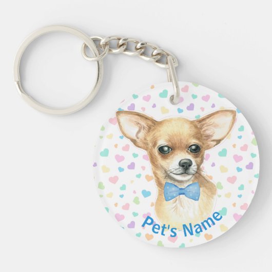 Aangepaste Chihuahua Blue Bowtie Sleutelhanger (Voorkant)