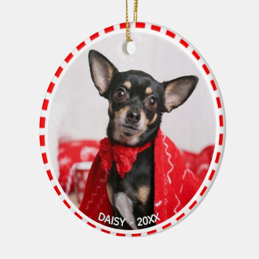 Aangepaste Chihuahua Dog-foto met rood en wit Lijs Keramisch Ornament (Links)