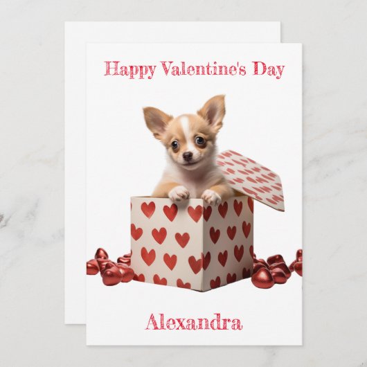 Aangepaste Chihuahua Pup Red Hearts op Box Valenti Feestdagenkaart (Voorkant / Achterkant)