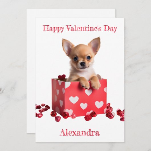 Aangepaste Chihuahua Pup Witte Harten op Box Valen Feestdagenkaart (Voorkant / Achterkant)