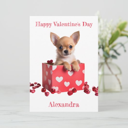 Aangepaste Chihuahua Pup Witte Harten op Box Valen Feestdagenkaart (Staand voorkant)