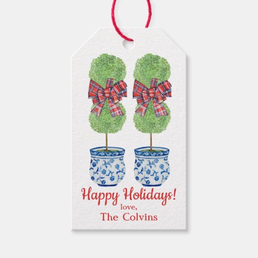 Aangepaste Chinoiserie Topiary Kerstmis, Tartan Cadeaulabel (Voorkant)