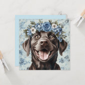Aangepaste Chocolade Labrador Hond Blauwe Bloemeng Kaart (Voorkant / Achterkant in situ)