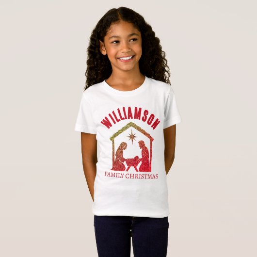Aangepaste Christelijke kerststal Familie Kerstmis T-shirt (Voorkant volledig)