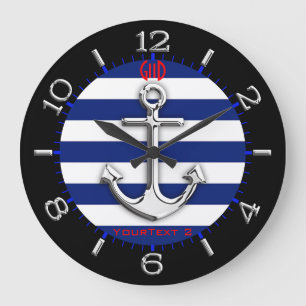 Aangepaste Chrome Anchor Navy Blue Stripes Dial Grote Klok