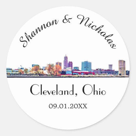 Aangepaste Cleveland Skyline Wedding Ronde Sticker (Voorkant)