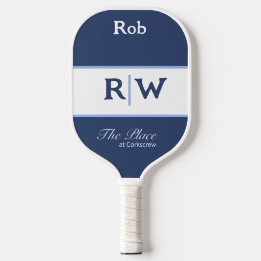 Aangepaste Club Name Monogrammed White Navy Blue P Pickleball Paddle (Voorkant)