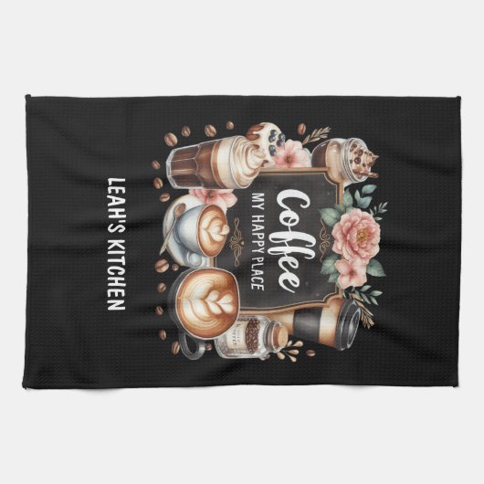 ☕Aangepaste Coffeecore Keuken Cafe Coffee Happy Pl Theedoek (Horizontaal)