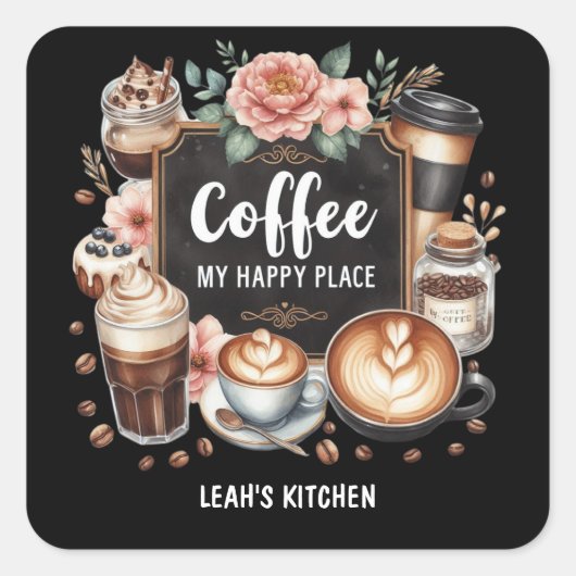 ☕Aangepaste Coffeecore Keuken Cafe Coffee Happy Pl Vierkante Sticker (Voorkant)