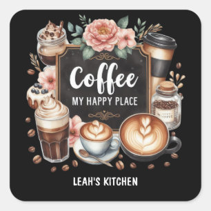 ☕Aangepaste Coffeecore Keuken Cafe Coffee Happy Pl Vierkante Sticker