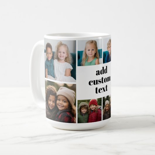 Aangepaste Collage 8 Foto - wit met zwarte tekst Koffiemok (Voorkant links)