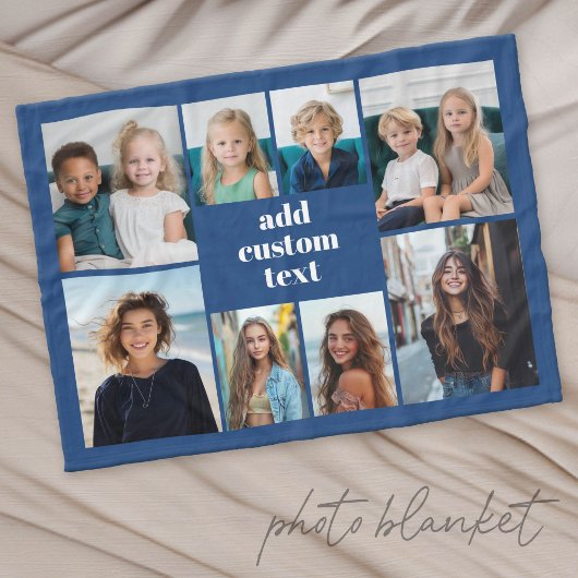 Aangepaste collage 8 foto's - blauw met witte teks fleece deken