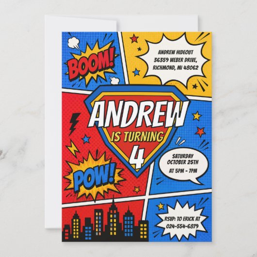 Aangepaste Comic Book Hero Verjaardagsfeestje Kaart (Voorkant)