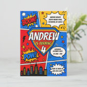 Aangepaste Comic Book Hero Verjaardagsfeestje Kaart (Staand voorkant)