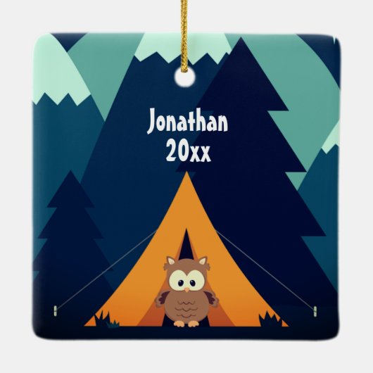 Aangepaste computercampagne ~Tent and Owl Kerstmis Keramisch Ornament (Achterkant)