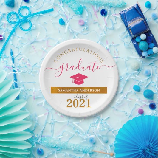 Aangepaste congraties Afstuderen Hot Pink/Gold Par Papieren Bordje (Feest)