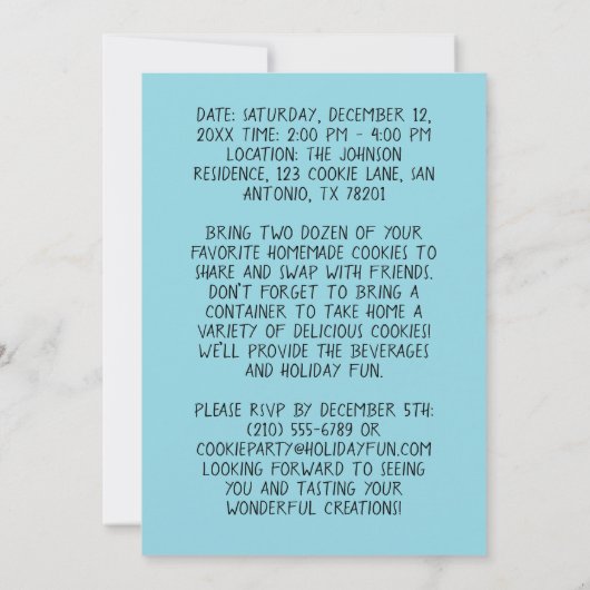 Aangepaste Cookie Exchange Holiday Party Bewerkbaa Kaart (Achterkant)