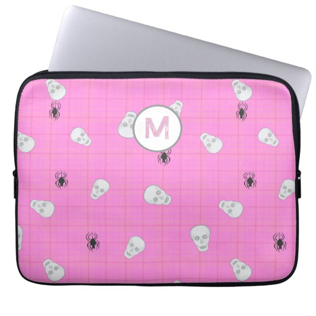 Aangepaste Coquette Roze Plaid Halloween Skulls Laptop Sleeve (Voorkant)
