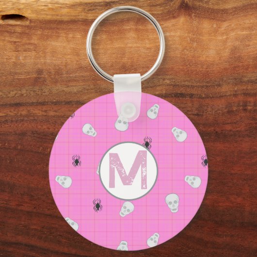 Aangepaste Coquette Roze Plaid Halloween Skulls Sleutelhanger (Achterkant)