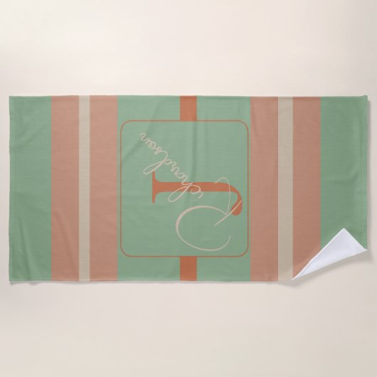 Aangepaste Coral Sage Streep Monogram Boho Pastel  Strandlaken (Voorkant)