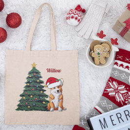 Aangepaste Corgi-kerstboomhond in Santa Hat Tote Bag