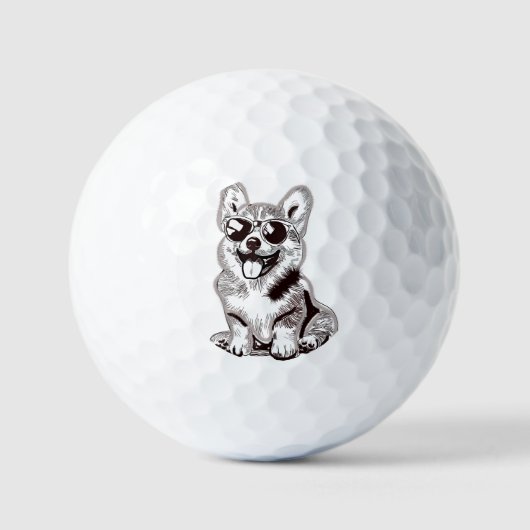 Aangepaste Corgi Puppy met Zonnebril | Schets Kuns Golfballen (Voorkant)